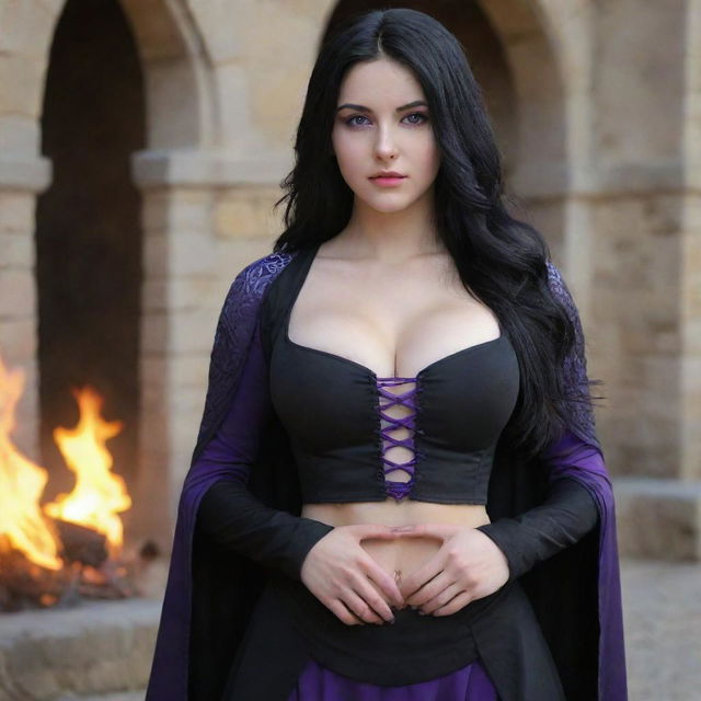 medieval beatifull, aura of fire with her bigb boobs, sexy full body, black hair girl with purple eyes, 23 years old, she is a piro controler, black clothes, sexy, piromancer, in ocation place, charmOfTheRealm, realistic hd, high detailed,