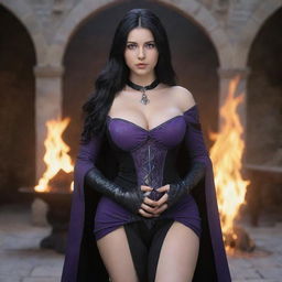 medieval beatifull, aura of fire with her bigb boobs, sexy full body, black hair girl with purple eyes, 23 years old, she is a piro controler, black clothes, sexy, piromancer, in ocation place, charmOfTheRealm, realistic hd, high detailed,