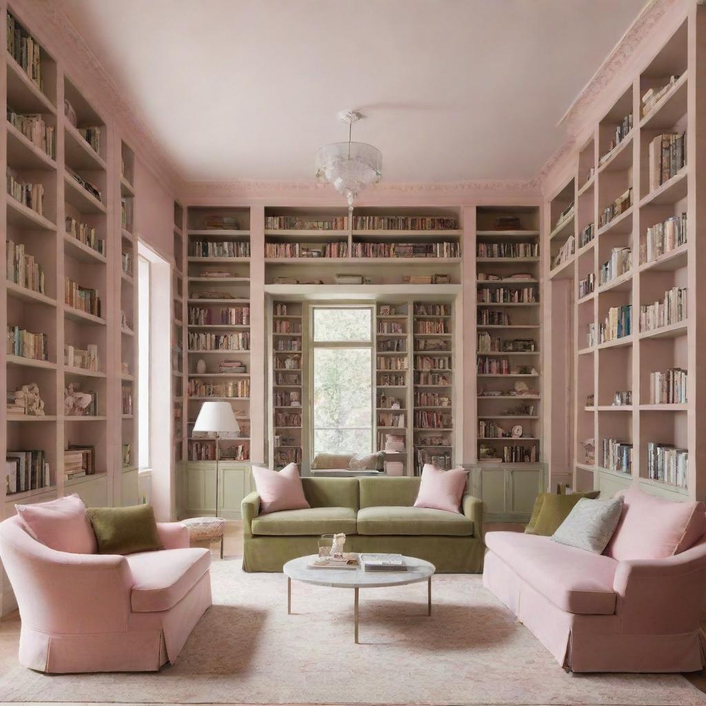 A grand library featuring a harmonious blend of pastel pink and olive green elements, filled with towering bookshelves and quiet reading corners.