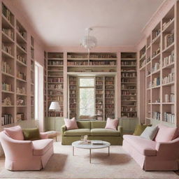 A grand library featuring a harmonious blend of pastel pink and olive green elements, filled with towering bookshelves and quiet reading corners.