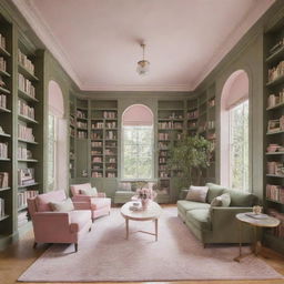 A grand library featuring a harmonious blend of pastel pink and olive green elements, filled with towering bookshelves and quiet reading corners.