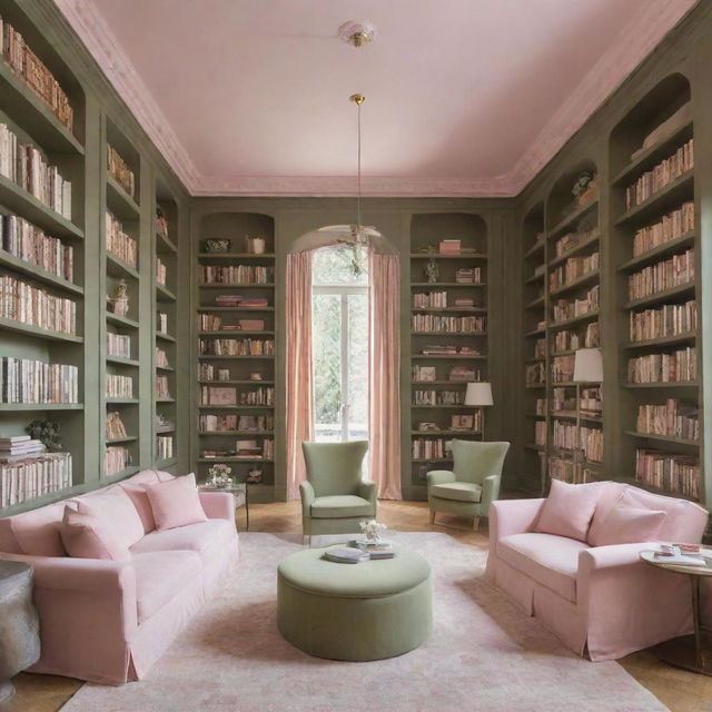 A grand library featuring a harmonious blend of pastel pink and olive green elements, filled with towering bookshelves and quiet reading corners.