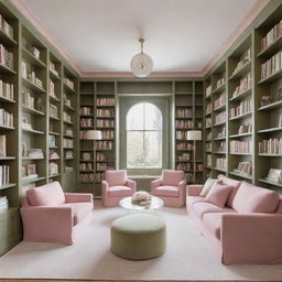 A grand library featuring a harmonious blend of pastel pink and olive green elements, filled with towering bookshelves and quiet reading corners.