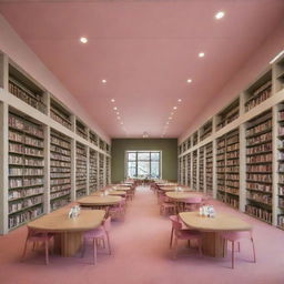 An expansive public library rendered in shades of warm pink and olive green, bristling with rows of books and tranquil reading spaces.