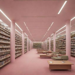 An expansive public library rendered in shades of warm pink and olive green, bristling with rows of books and tranquil reading spaces.