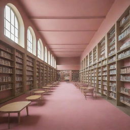 An expansive public library rendered in shades of warm pink and olive green, bristling with rows of books and tranquil reading spaces.