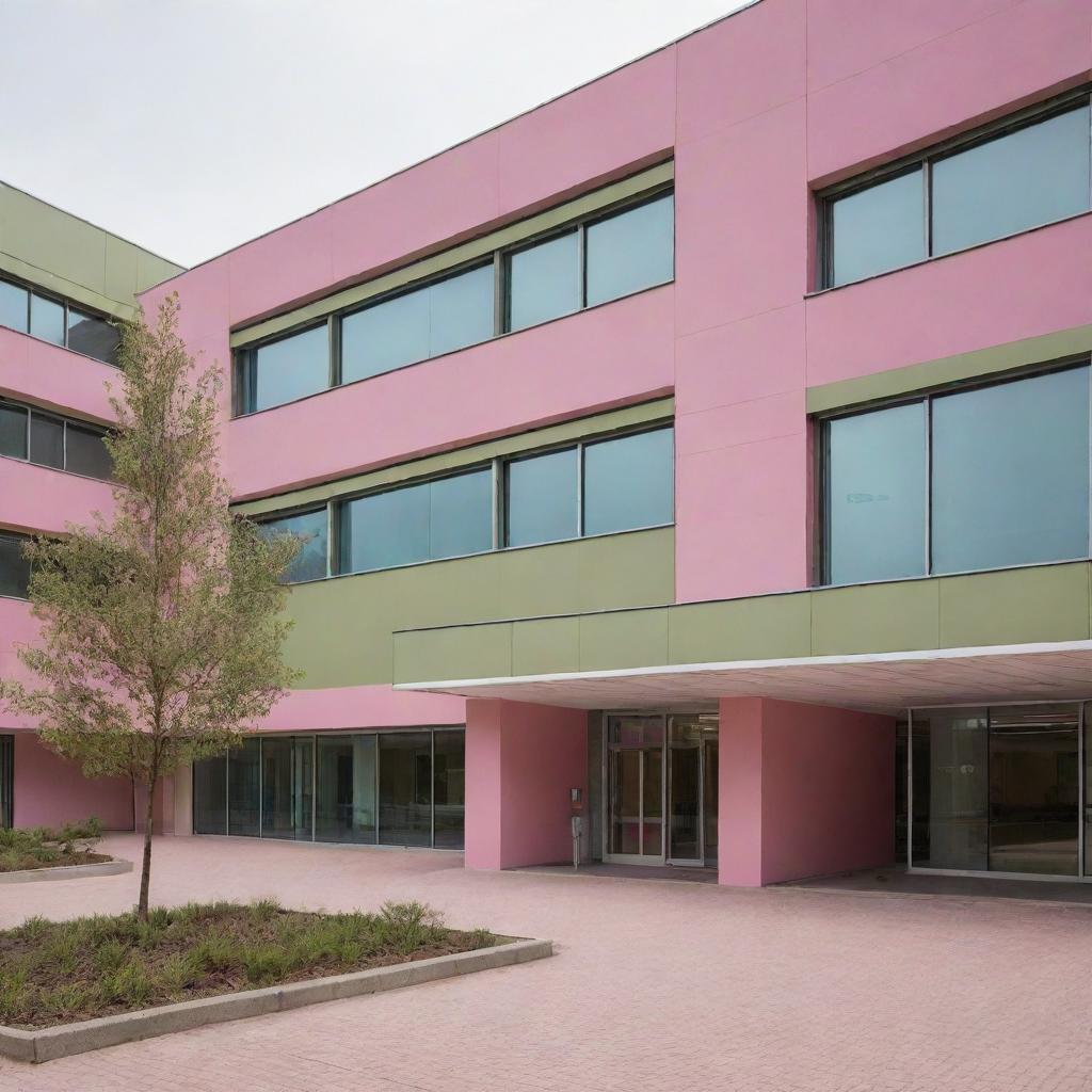 A modern hospital building with a unique blend of pink and olive green tones, providing a reassuring and tranquil environment.