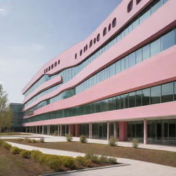 A modern hospital building with a unique blend of pink and olive green tones, providing a reassuring and tranquil environment.