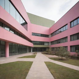 A modern hospital building with a unique blend of pink and olive green tones, providing a reassuring and tranquil environment.