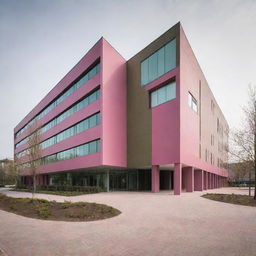 A modern hospital building with a unique blend of pink and olive green tones, providing a reassuring and tranquil environment.