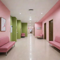 Inside view of a contemporary hospital, showcasing pink and olive green interiors, creating a soothing and comfortable atmosphere for patients and visitors.