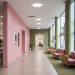 Inside view of a contemporary hospital, showcasing pink and olive green interiors, creating a soothing and comfortable atmosphere for patients and visitors.