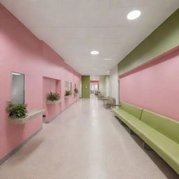 Inside view of a contemporary hospital, showcasing pink and olive green interiors, creating a soothing and comfortable atmosphere for patients and visitors.