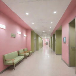 Inside view of a contemporary hospital, showcasing pink and olive green interiors, creating a soothing and comfortable atmosphere for patients and visitors.