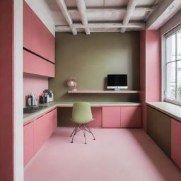 A dynamic construction work area infused with eccentrically contrasting pink and olive green colors, adding an unusual, yet eye-catching, aesthetic to the site.