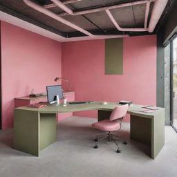 A dynamic construction work area infused with eccentrically contrasting pink and olive green colors, adding an unusual, yet eye-catching, aesthetic to the site.