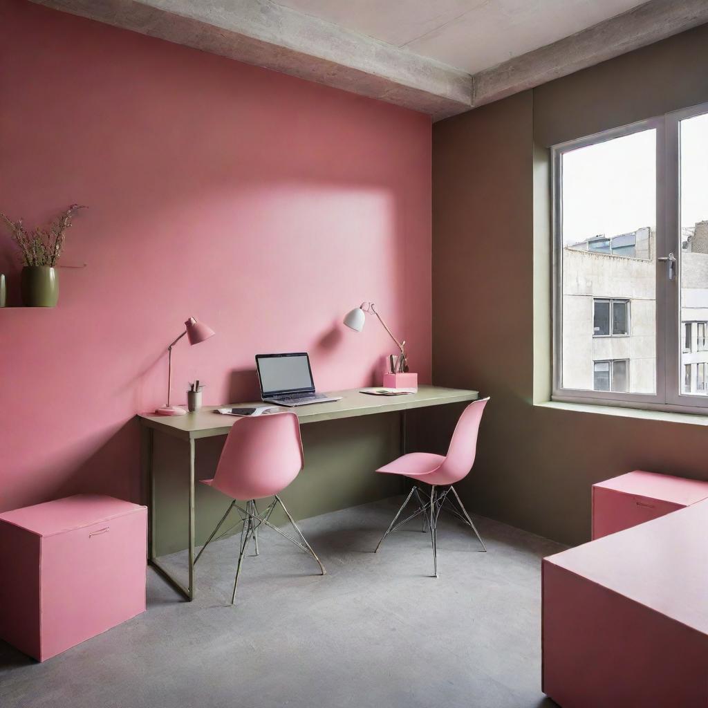 A dynamic construction work area infused with eccentrically contrasting pink and olive green colors, adding an unusual, yet eye-catching, aesthetic to the site.