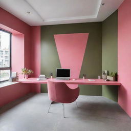 A dynamic construction work area infused with eccentrically contrasting pink and olive green colors, adding an unusual, yet eye-catching, aesthetic to the site.