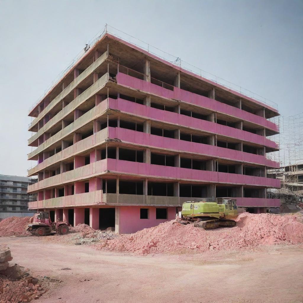 A construction site for a striking building under development, characterized by an unlikely combination of pink and olive green equipment and materials.