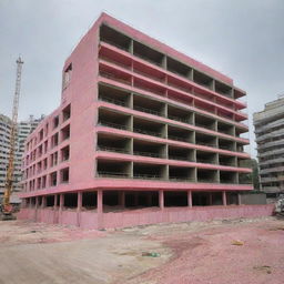 A construction site for a striking building under development, characterized by an unlikely combination of pink and olive green equipment and materials.