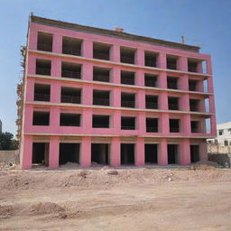 A construction site for a striking building under development, characterized by an unlikely combination of pink and olive green equipment and materials.