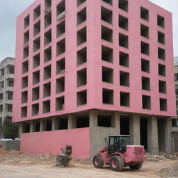 A construction site for a striking building under development, characterized by an unlikely combination of pink and olive green equipment and materials.