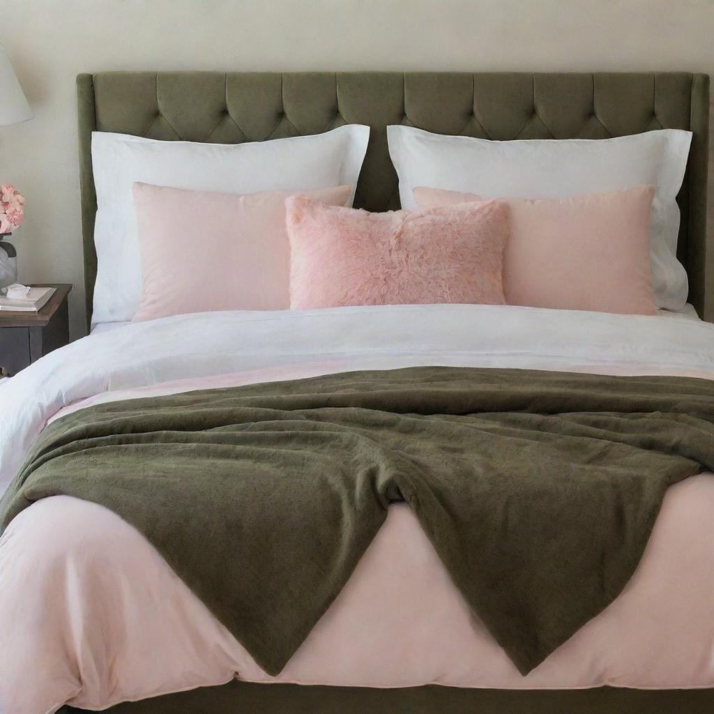 An inviting and comfortable bed adorned with plush bedding in contrasting hues of pastel pink and deep olive green.