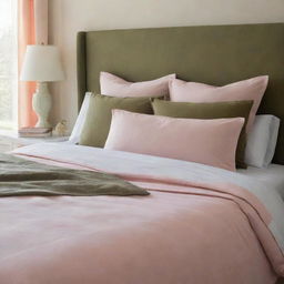 An inviting and comfortable bed adorned with plush bedding in contrasting hues of pastel pink and deep olive green.