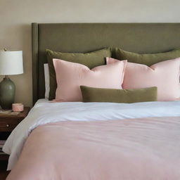 An inviting and comfortable bed adorned with plush bedding in contrasting hues of pastel pink and deep olive green.