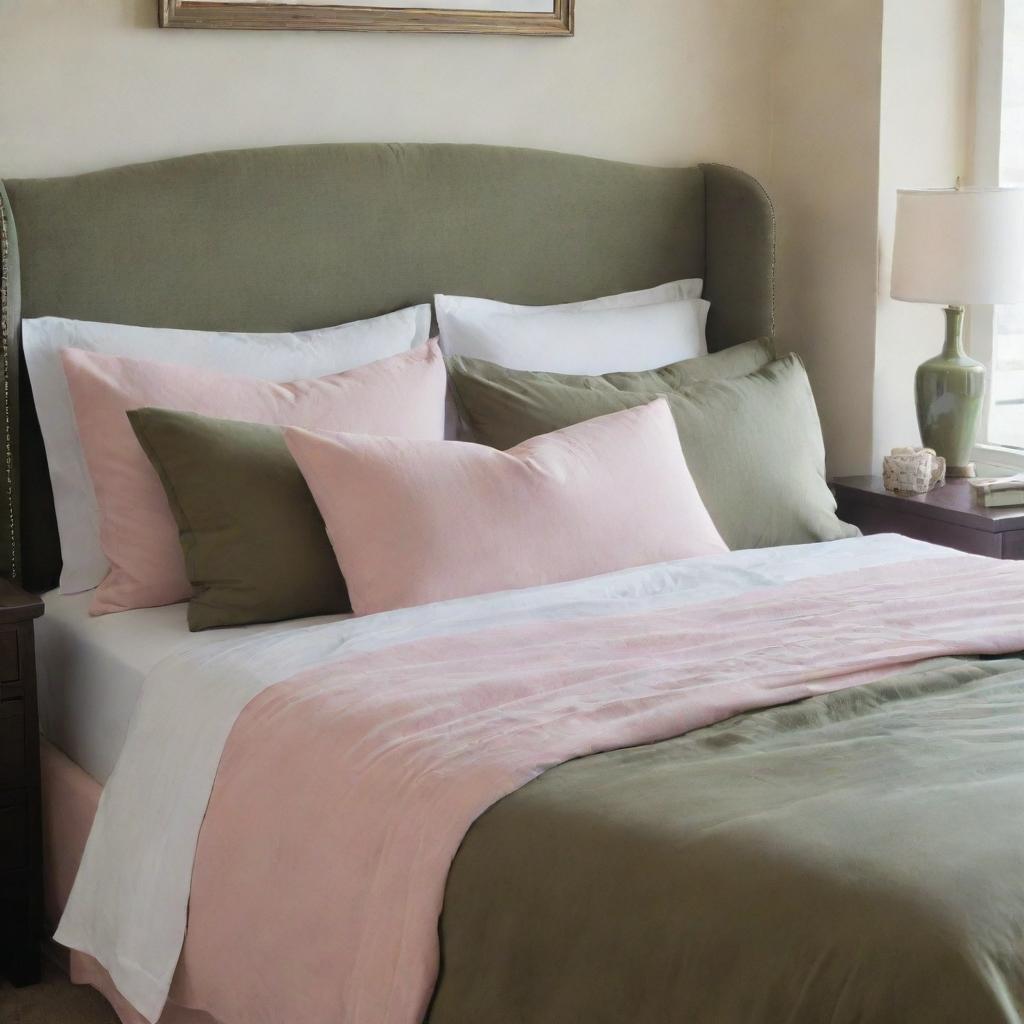 An inviting and comfortable bed adorned with plush bedding in contrasting hues of pastel pink and deep olive green.