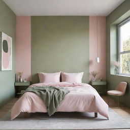 An aesthetically pleasing bedroom with a soothing color palette of pastel pink and olive green, evoking a sense of serenity and comfort.