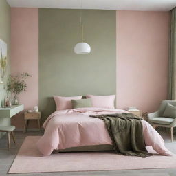 An aesthetically pleasing bedroom with a soothing color palette of pastel pink and olive green, evoking a sense of serenity and comfort.