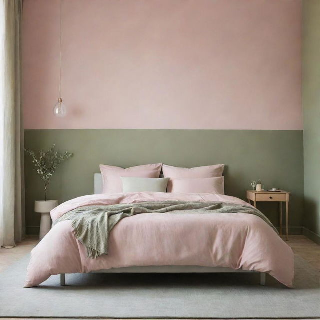 An aesthetically pleasing bedroom with a soothing color palette of pastel pink and olive green, evoking a sense of serenity and comfort.