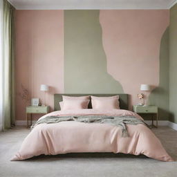 An aesthetically pleasing bedroom with a soothing color palette of pastel pink and olive green, evoking a sense of serenity and comfort.