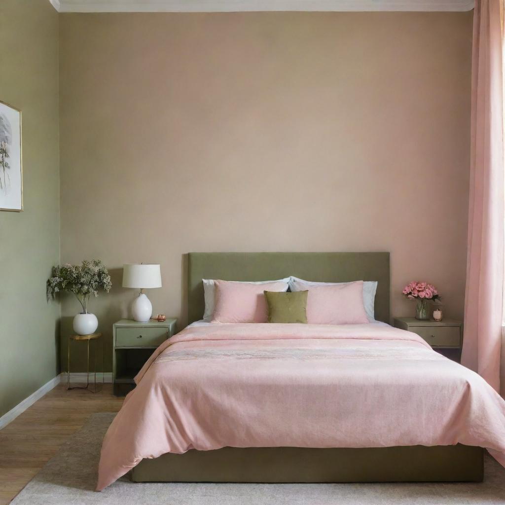 A tranquil single-bed bedroom with decor in harmonious shades of pastel pink and olive green enhancing its calm and serene ambiance.