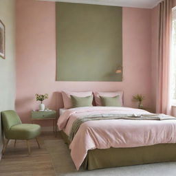 A tranquil single-bed bedroom with decor in harmonious shades of pastel pink and olive green enhancing its calm and serene ambiance.