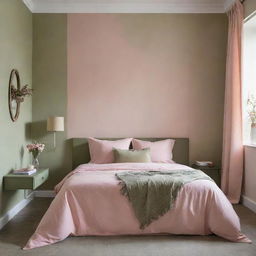 A tranquil single-bed bedroom with decor in harmonious shades of pastel pink and olive green enhancing its calm and serene ambiance.