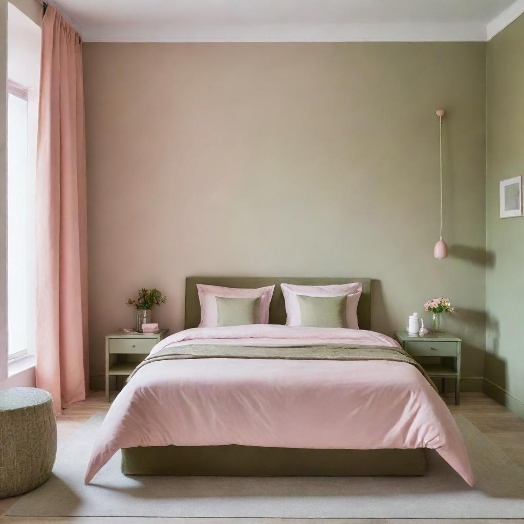 A tranquil single-bed bedroom with decor in harmonious shades of pastel pink and olive green enhancing its calm and serene ambiance.