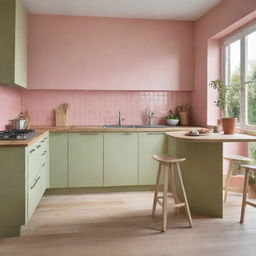 A stylish kitchen featuring an unconventional color scheme of pastel pink and olive green, providing a refreshing and inviting cookery space.