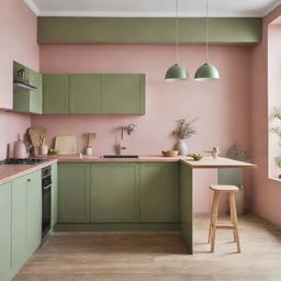 A stylish kitchen featuring an unconventional color scheme of pastel pink and olive green, providing a refreshing and inviting cookery space.