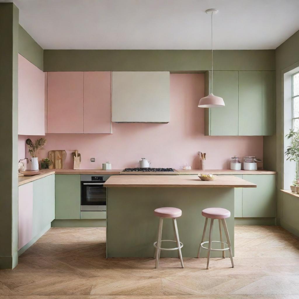 A stylish kitchen featuring an unconventional color scheme of pastel pink and olive green, providing a refreshing and inviting cookery space.