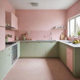 A stylish kitchen featuring an unconventional color scheme of pastel pink and olive green, providing a refreshing and inviting cookery space.