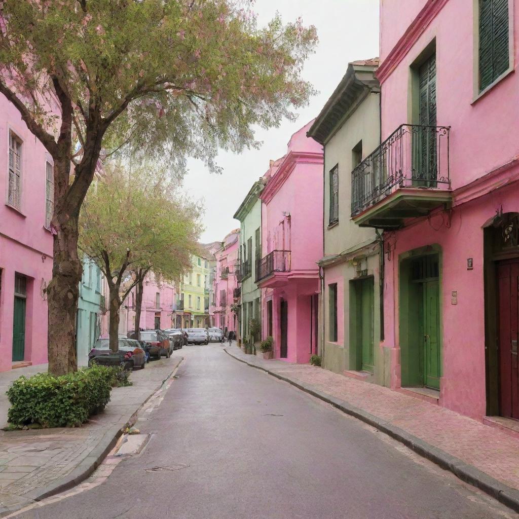 A lively street scene radiating under the unusual charm of pink and olive green hues, with colorful buildings, trees, and pavements.