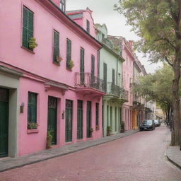 A lively street scene radiating under the unusual charm of pink and olive green hues, with colorful buildings, trees, and pavements.