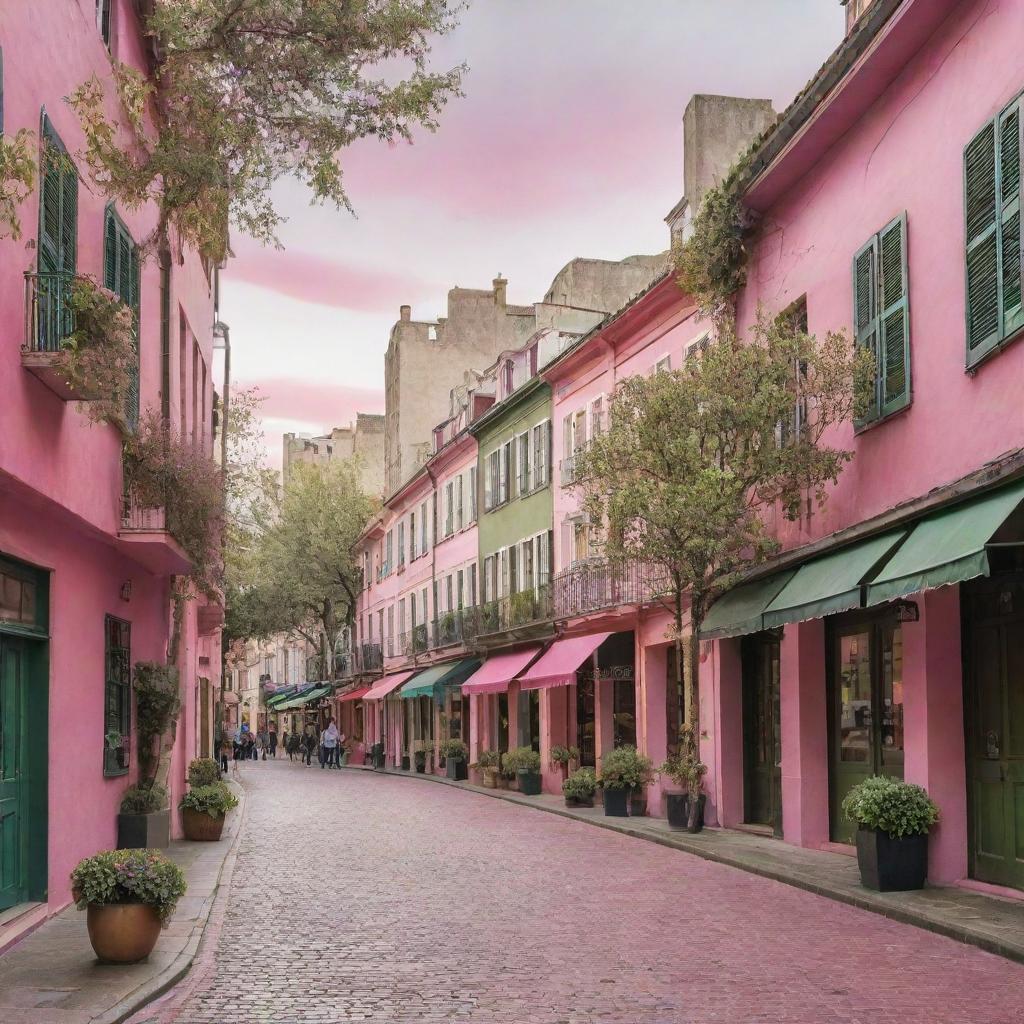 A lively street scene radiating under the unusual charm of pink and olive green hues, with colorful buildings, trees, and pavements.