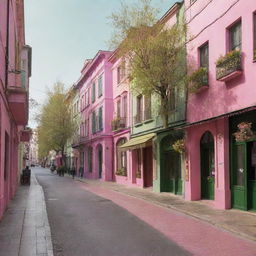 A lively street scene radiating under the unusual charm of pink and olive green hues, with colorful buildings, trees, and pavements.