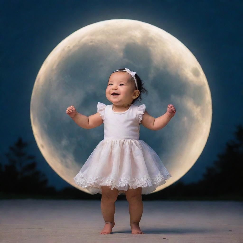 A cute baby girl joyfully dancing under a glowing, full moon.