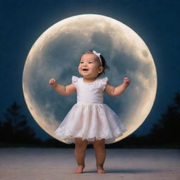 A cute baby girl joyfully dancing under a glowing, full moon.