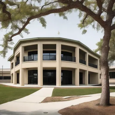 The architecture of the military base was designed to harmoniously incorporate soldiering aspects such as barracks, training grounds, and armories.