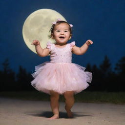 A cute baby girl joyfully dancing under a glowing, full moon.